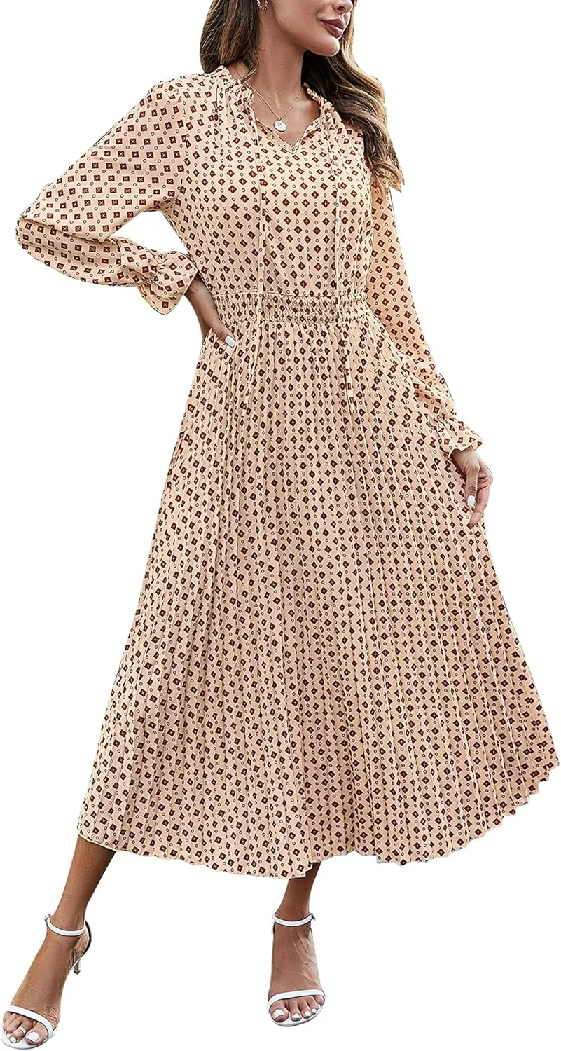 PRETTYGARDEN Women's 2025 Spring Fall Midi Dress Casual Long Sleeve V Neck Swiss Dot Pleated A Line Flowy Dresses