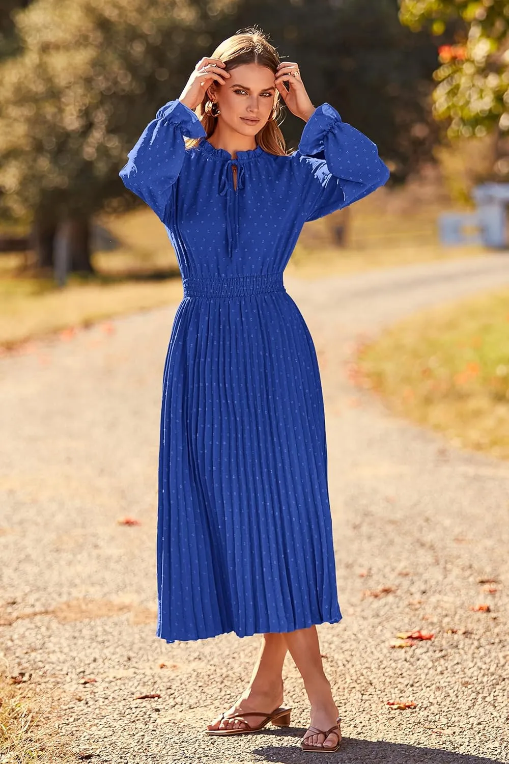 PRETTYGARDEN Women's 2025 Spring Fall Midi Dress Casual Long Sleeve V Neck Swiss Dot Pleated A Line Flowy Dresses