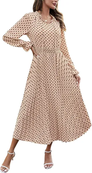 PRETTYGARDEN Women's 2025 Spring Fall Midi Dress Casual Long Sleeve V Neck Swiss Dot Pleated A Line Flowy Dresses