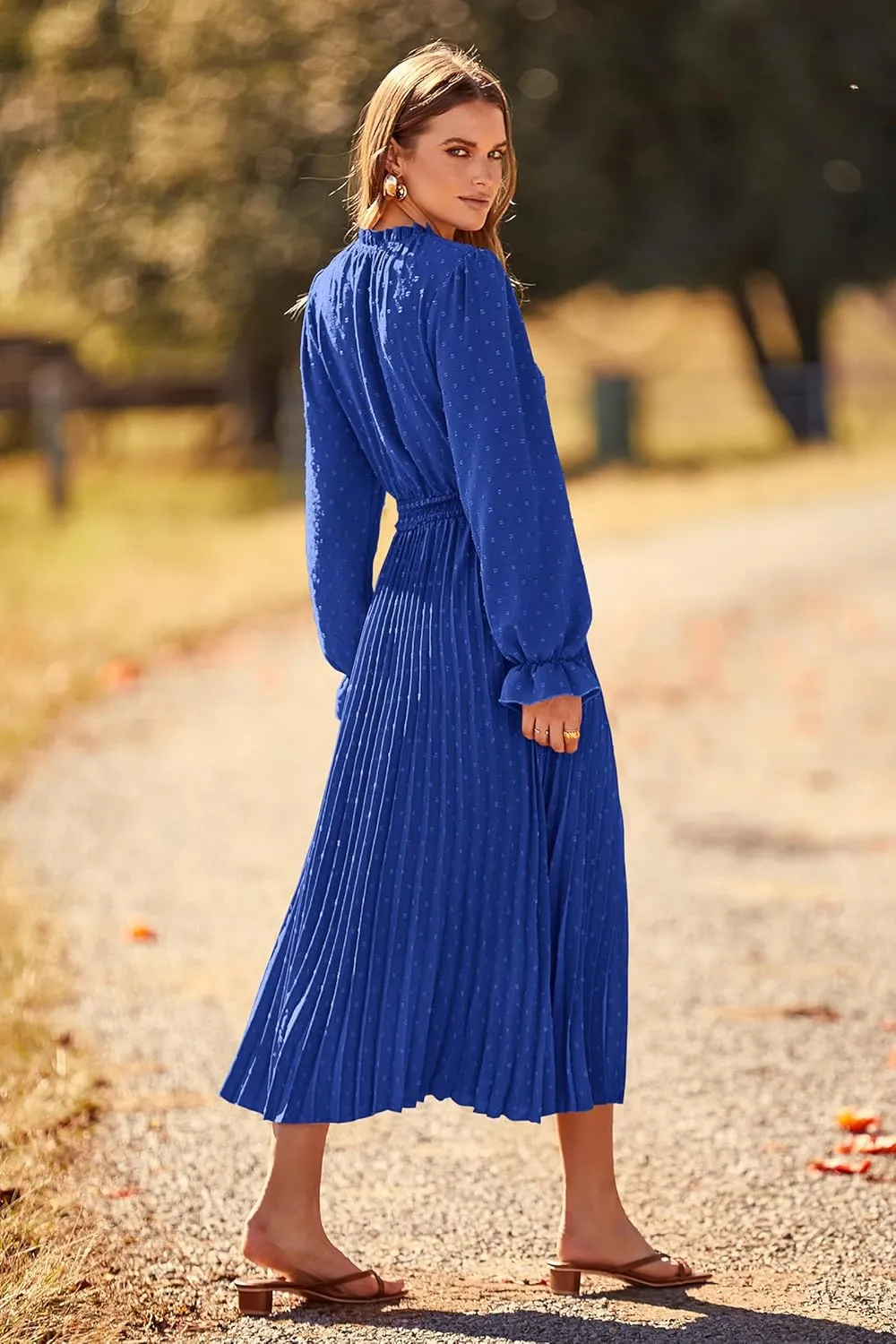 PRETTYGARDEN Women's 2025 Spring Fall Midi Dress Casual Long Sleeve V Neck Swiss Dot Pleated A Line Flowy Dresses