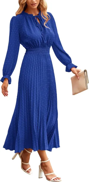 PRETTYGARDEN Women's 2025 Spring Fall Midi Dress Casual Long Sleeve V Neck Swiss Dot Pleated A Line Flowy Dresses
