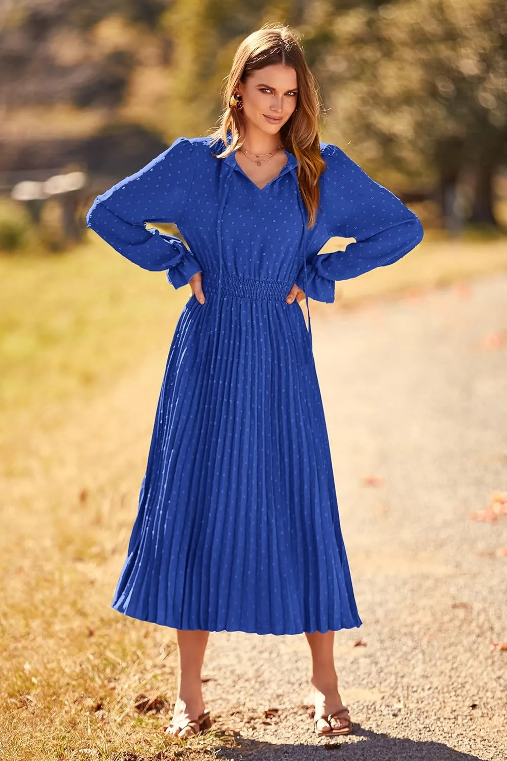 PRETTYGARDEN Women's 2025 Spring Fall Midi Dress Casual Long Sleeve V Neck Swiss Dot Pleated A Line Flowy Dresses