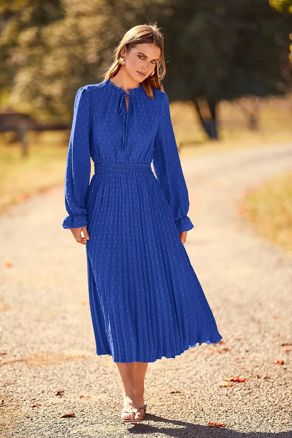 PRETTYGARDEN Women's 2025 Spring Fall Midi Dress Casual Long Sleeve V Neck Swiss Dot Pleated A Line Flowy Dresses