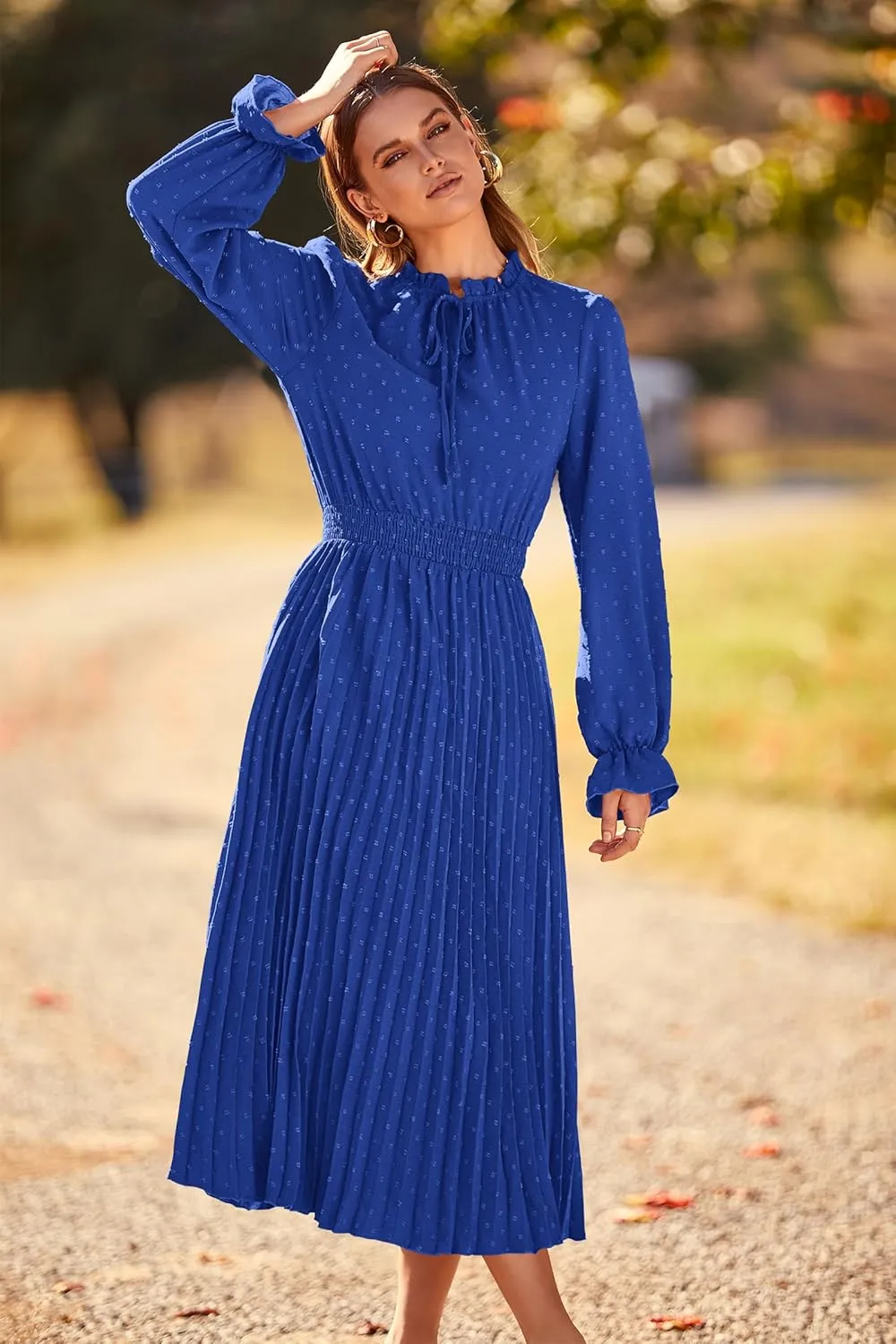 PRETTYGARDEN Women's 2025 Spring Fall Midi Dress Casual Long Sleeve V Neck Swiss Dot Pleated A Line Flowy Dresses