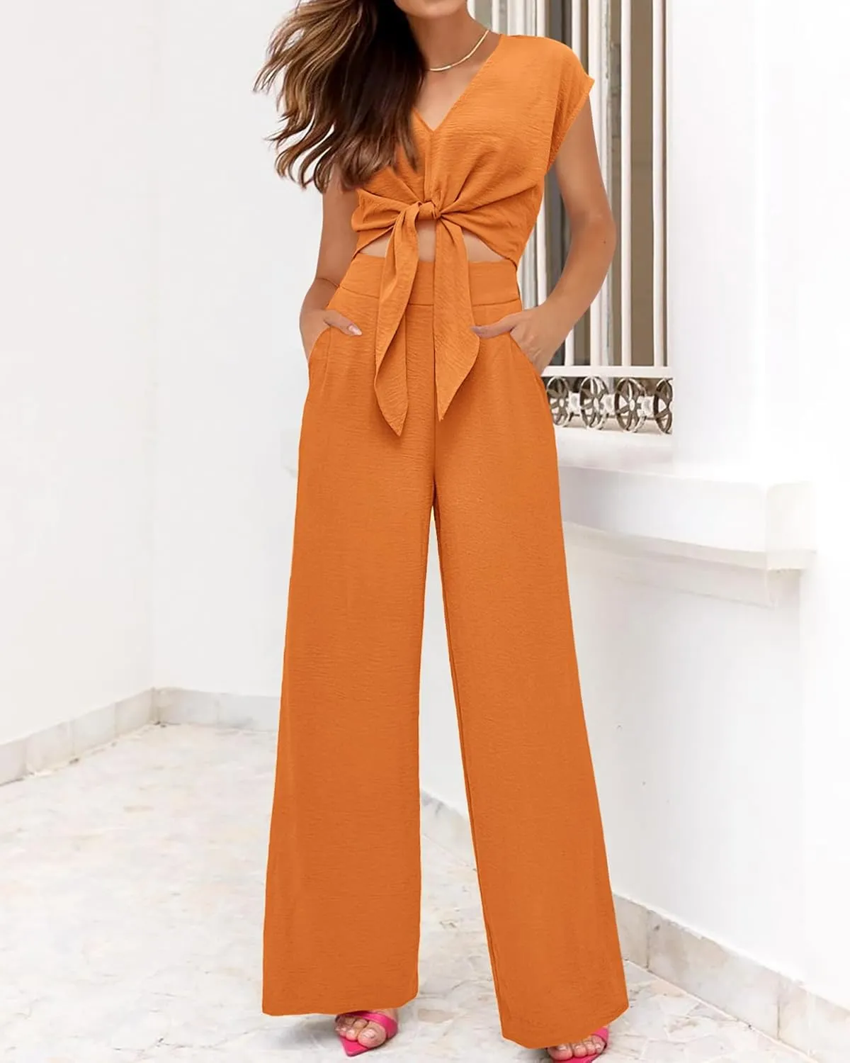PRETTYGARDEN Women's Summer 2 Piece Outfits 2025 Cap Sleeve V Neck Belted Crop Tops Wide Leg Pant Sets Casual Tracksuit