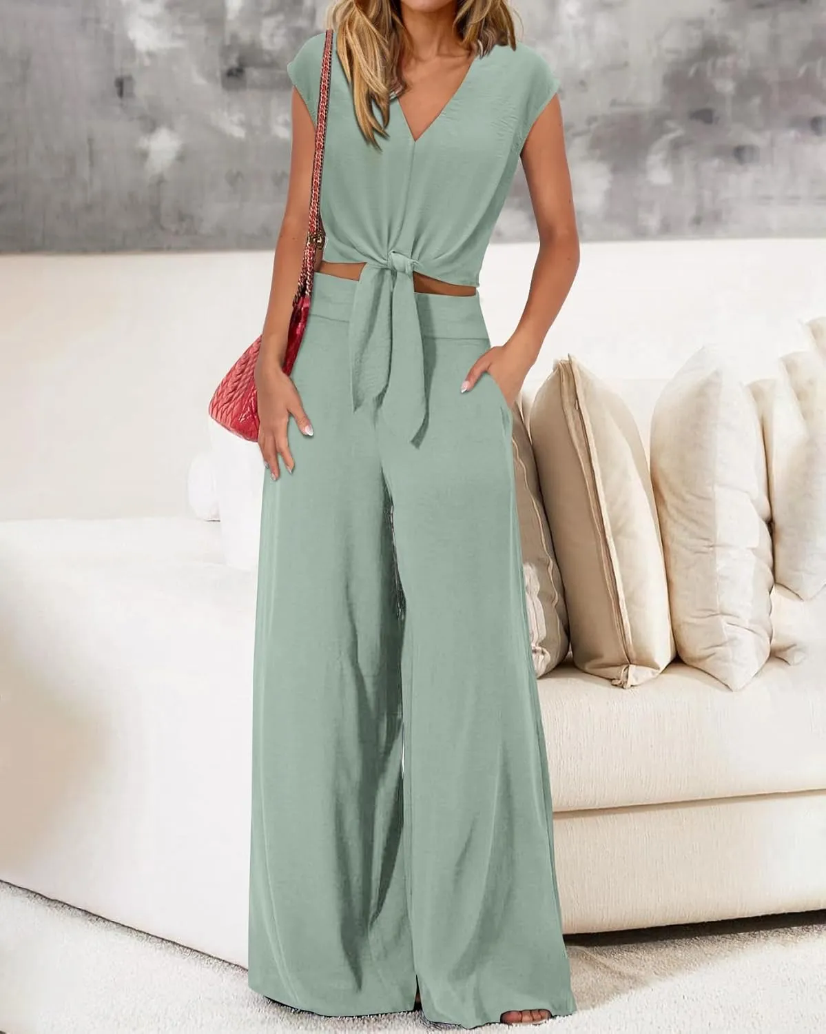 PRETTYGARDEN Women's Summer 2 Piece Outfits 2025 Cap Sleeve V Neck Belted Crop Tops Wide Leg Pant Sets Casual Tracksuit
