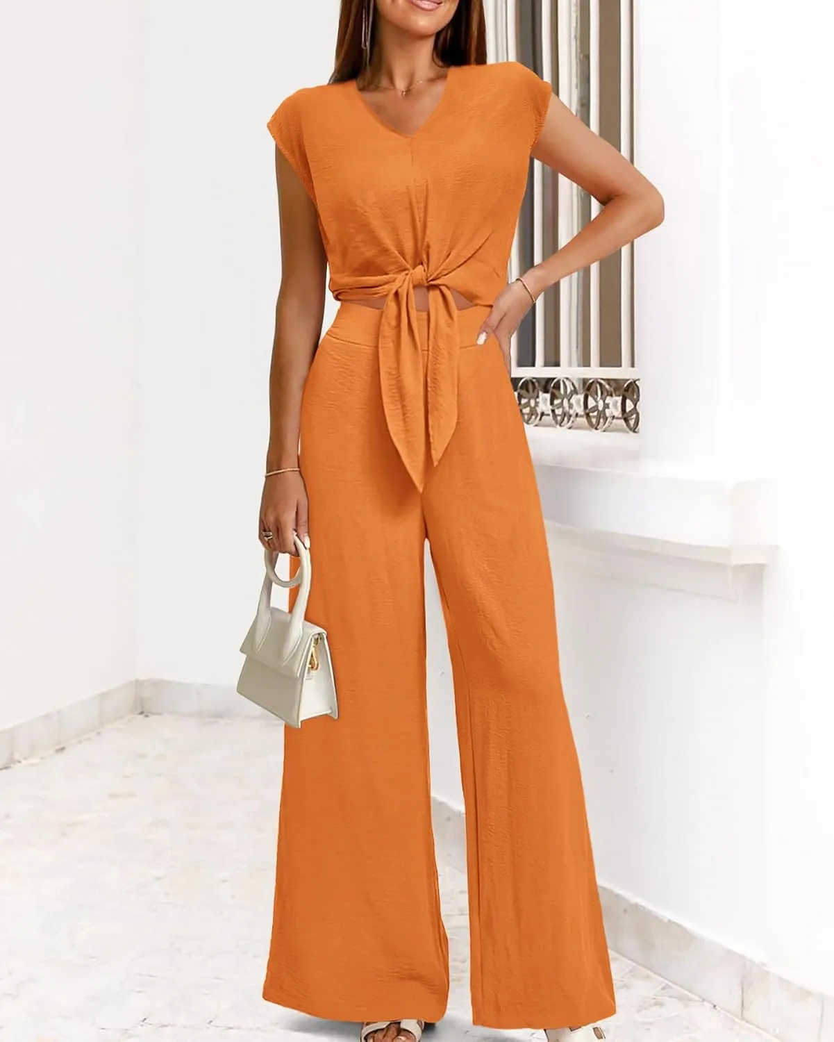 PRETTYGARDEN Women's Summer 2 Piece Outfits 2025 Cap Sleeve V Neck Belted Crop Tops Wide Leg Pant Sets Casual Tracksuit