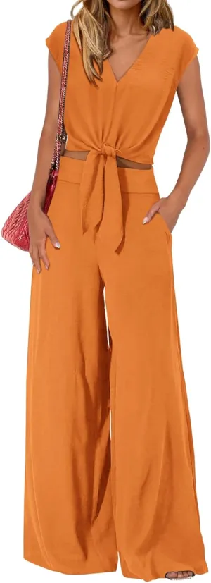 PRETTYGARDEN Women's Summer 2 Piece Outfits 2025 Cap Sleeve V Neck Belted Crop Tops Wide Leg Pant Sets Casual Tracksuit