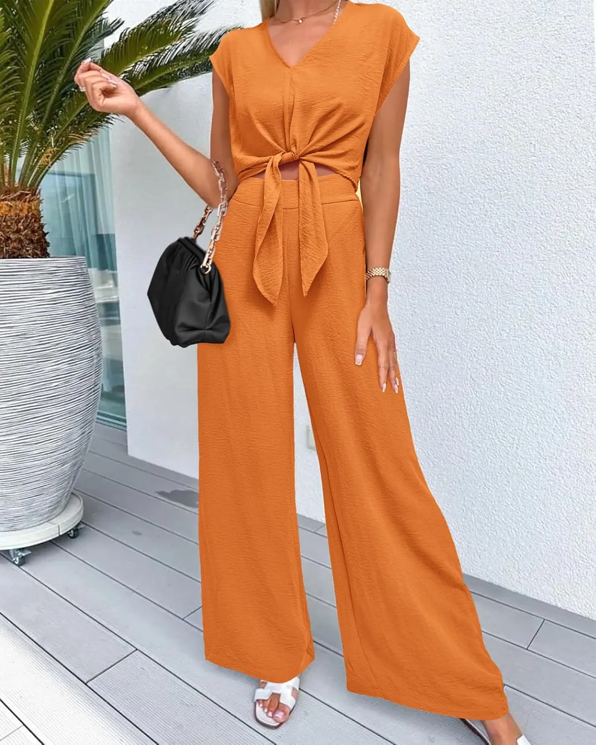 PRETTYGARDEN Women's Summer 2 Piece Outfits 2025 Cap Sleeve V Neck Belted Crop Tops Wide Leg Pant Sets Casual Tracksuit