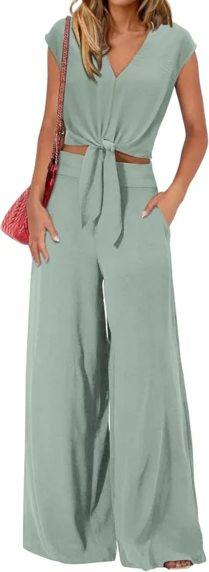 PRETTYGARDEN Women's Summer 2 Piece Outfits 2025 Cap Sleeve V Neck Belted Crop Tops Wide Leg Pant Sets Casual Tracksuit