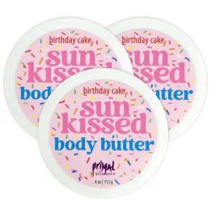 Primal Elements Sunkissed Body Butter with Coconut Oil, Shimmering Moisturizer for Ultimate Hydration and Nourishment, Suitable for All Skin Types, Instant Glow – Birthday Cake, 3 pack (4 oz each)