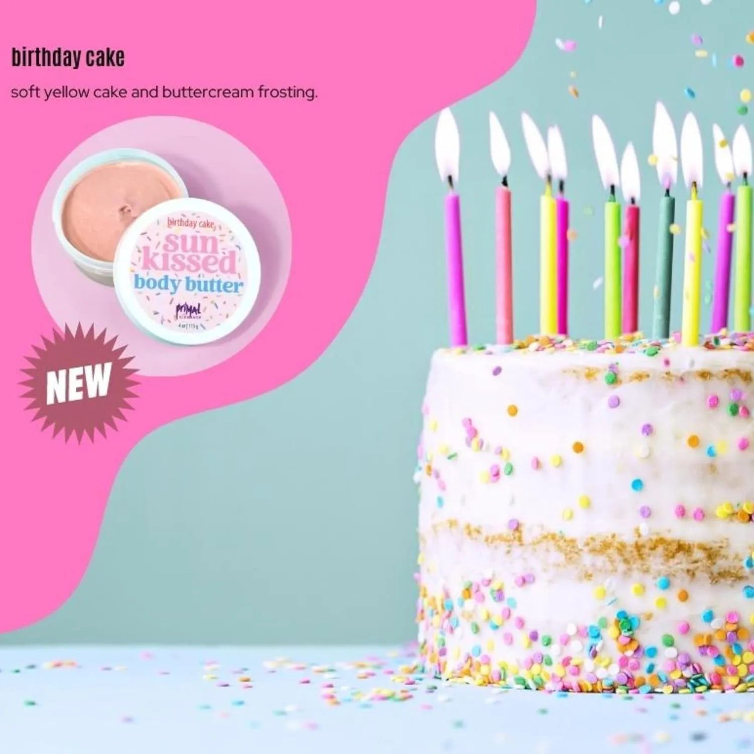 Primal Elements Sunkissed Body Butter with Coconut Oil, Shimmering Moisturizer for Ultimate Hydration and Nourishment, Suitable for All Skin Types, Instant Glow – Birthday Cake, 3 pack (4 oz each)