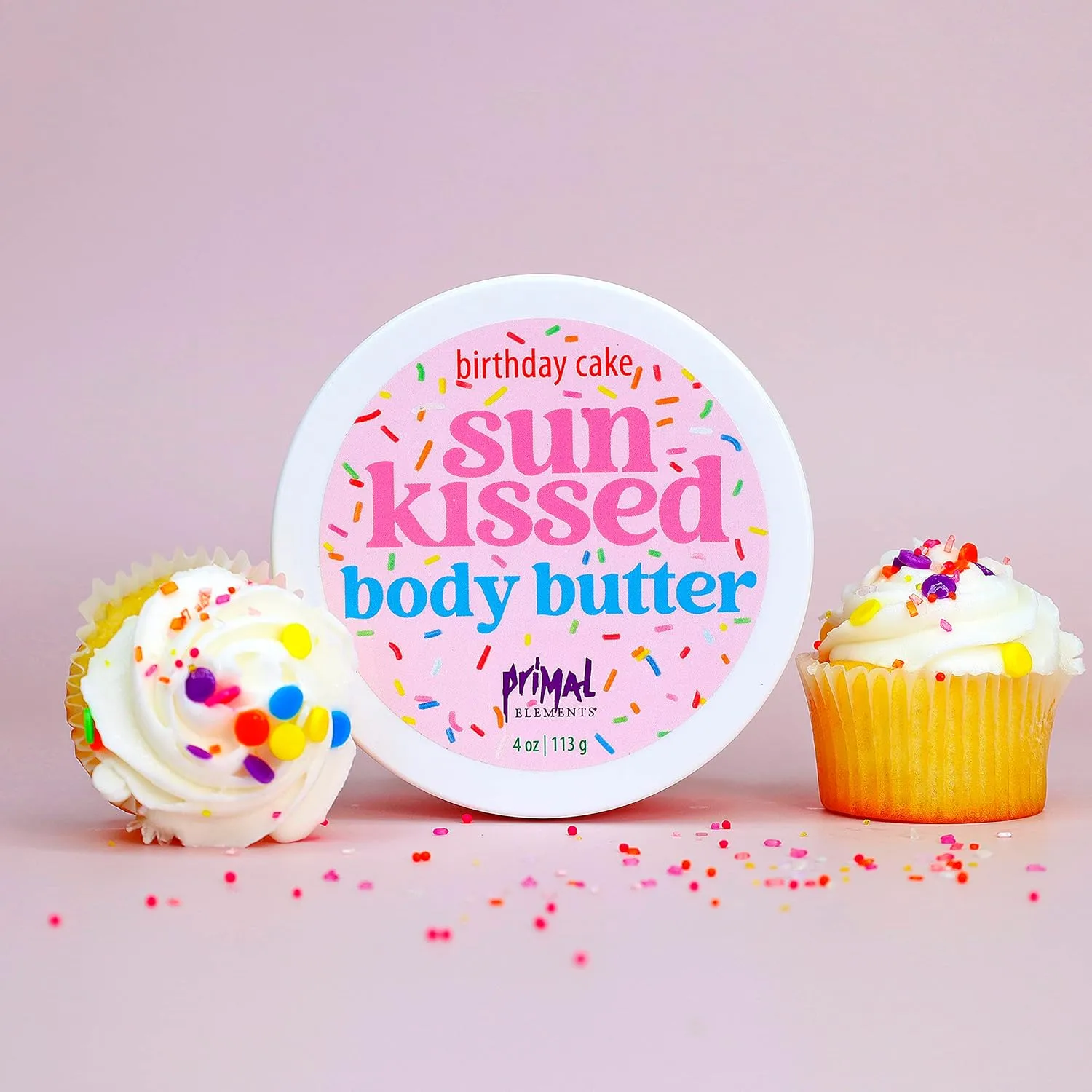 Primal Elements Sunkissed Body Butter with Coconut Oil, Shimmering Moisturizer for Ultimate Hydration and Nourishment, Suitable for All Skin Types, Instant Glow – Birthday Cake, 3 pack (4 oz each)