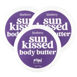 Primal Elements Sunkissed Body Butter with Coconut Oil, Shimmering Moisturizer for Ultimate Hydration and Nourishment, Suitable for All Skin Types, Instant Glow – Blueberry, 3 pack (4 oz each)