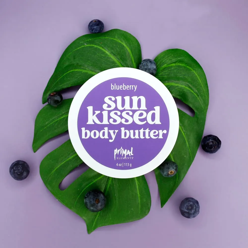 Primal Elements Sunkissed Body Butter with Coconut Oil, Shimmering Moisturizer for Ultimate Hydration and Nourishment, Suitable for All Skin Types, Instant Glow – Blueberry, 3 pack (4 oz each)