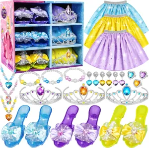 Princess Jewelry Boutique Dress Up & Elegant Shoe, Role Play Fashion Accessories of Crowns, Skirts, Necklaces, Bracelets, Rings, Gift Toys for Age 3 4 5 6 Year Old Girls Kids Toddlers Party Favors