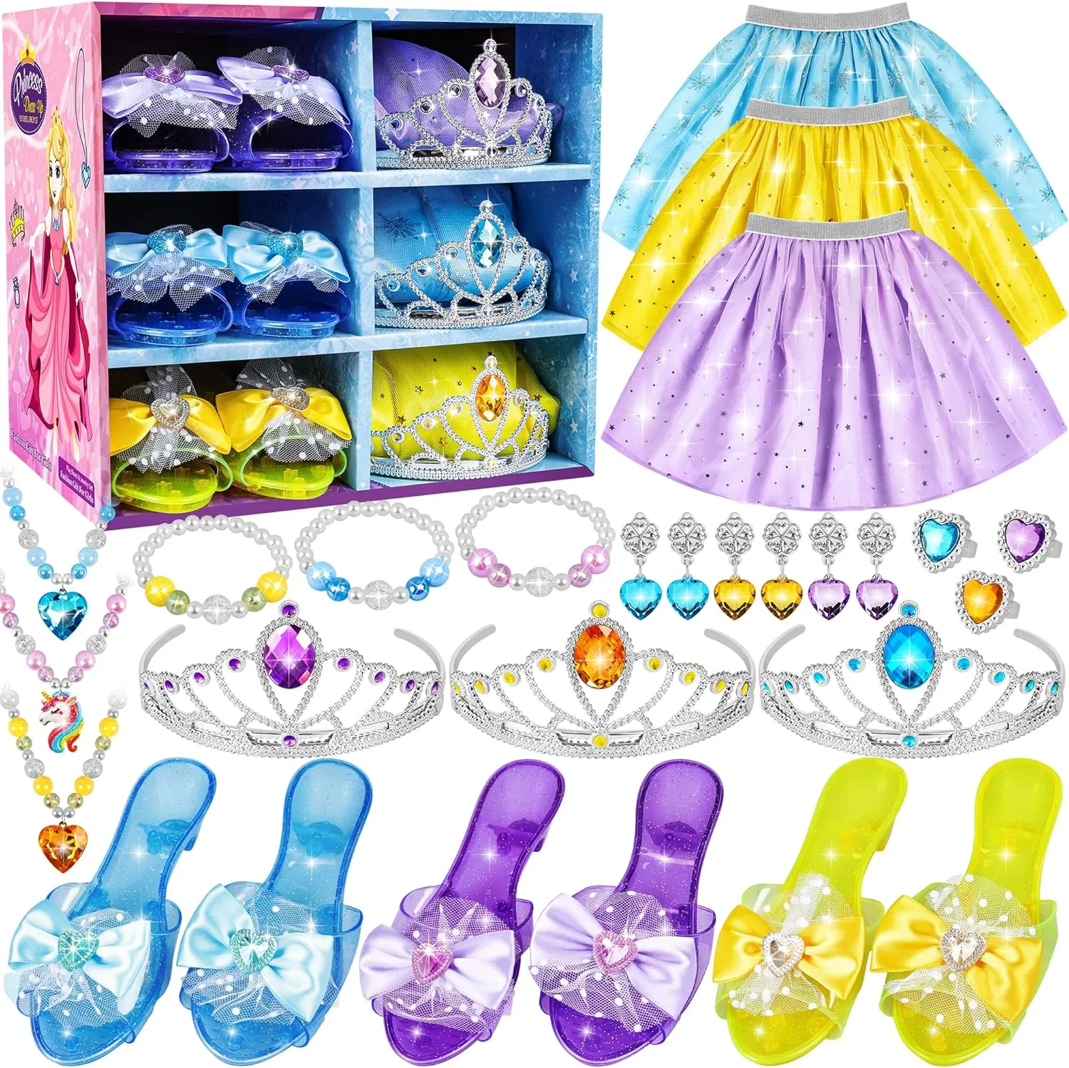 Princess Jewelry Boutique Dress Up & Elegant Shoe, Role Play Fashion Accessories of Crowns, Skirts, Necklaces, Bracelets, Rings, Gift Toys for Age 3 4 5 6 Year Old Girls Kids Toddlers Party Favors