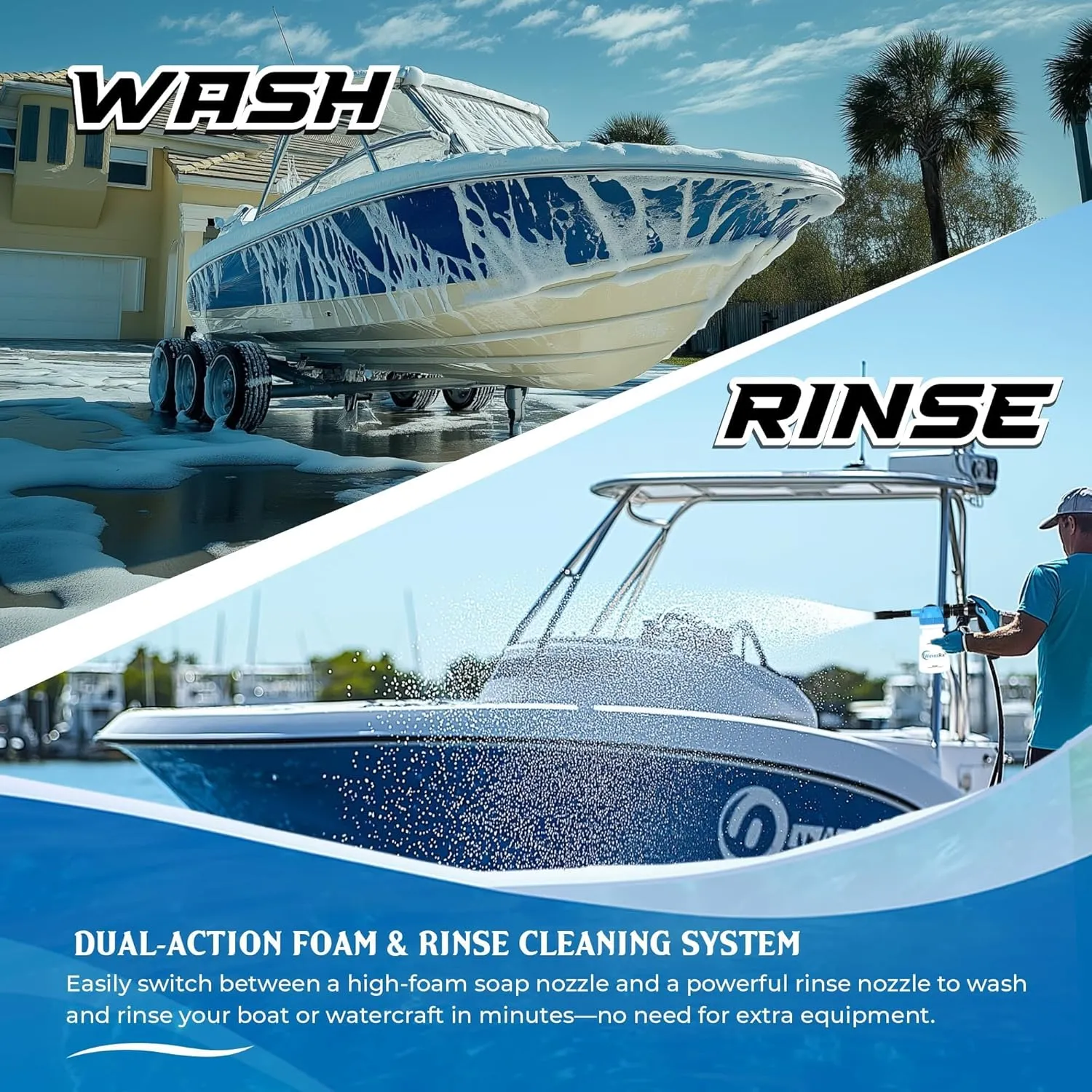 PWC & Boat Foam Cannon Sprayer & Engine Flush Mixer to Wash Salt Away | Dual-Use Marine Soap Foamer to Quickly Wash and Rinse | Cleaning Kit for Boating with Garden Hose Quick-Connect