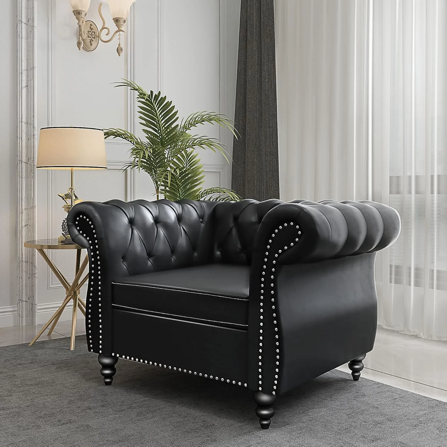QHITTY Accent Chair, Chesterfield Chair Modern Leather Upholstered Chair with Tufted Back for Living Room Furniture (Black)