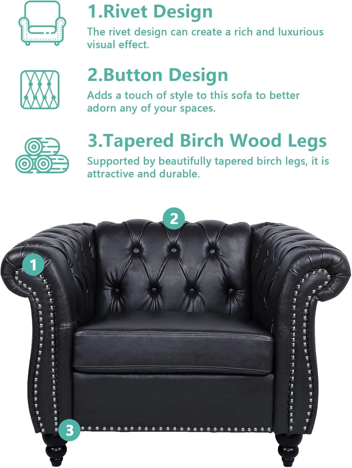 QHITTY Accent Chair, Chesterfield Chair Modern Leather Upholstered Chair with Tufted Back for Living Room Furniture (Black)