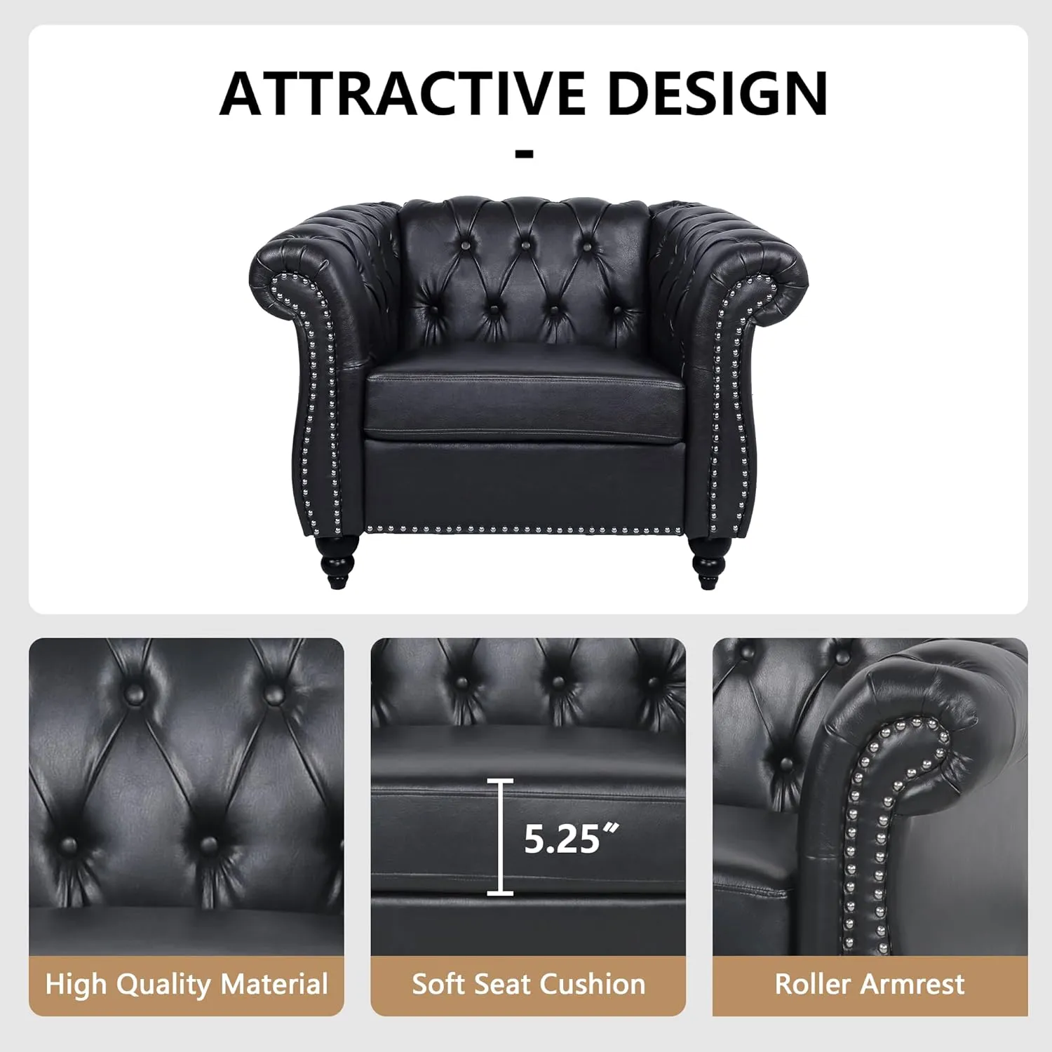 QHITTY Accent Chair, Chesterfield Chair Modern Leather Upholstered Chair with Tufted Back for Living Room Furniture (Black)