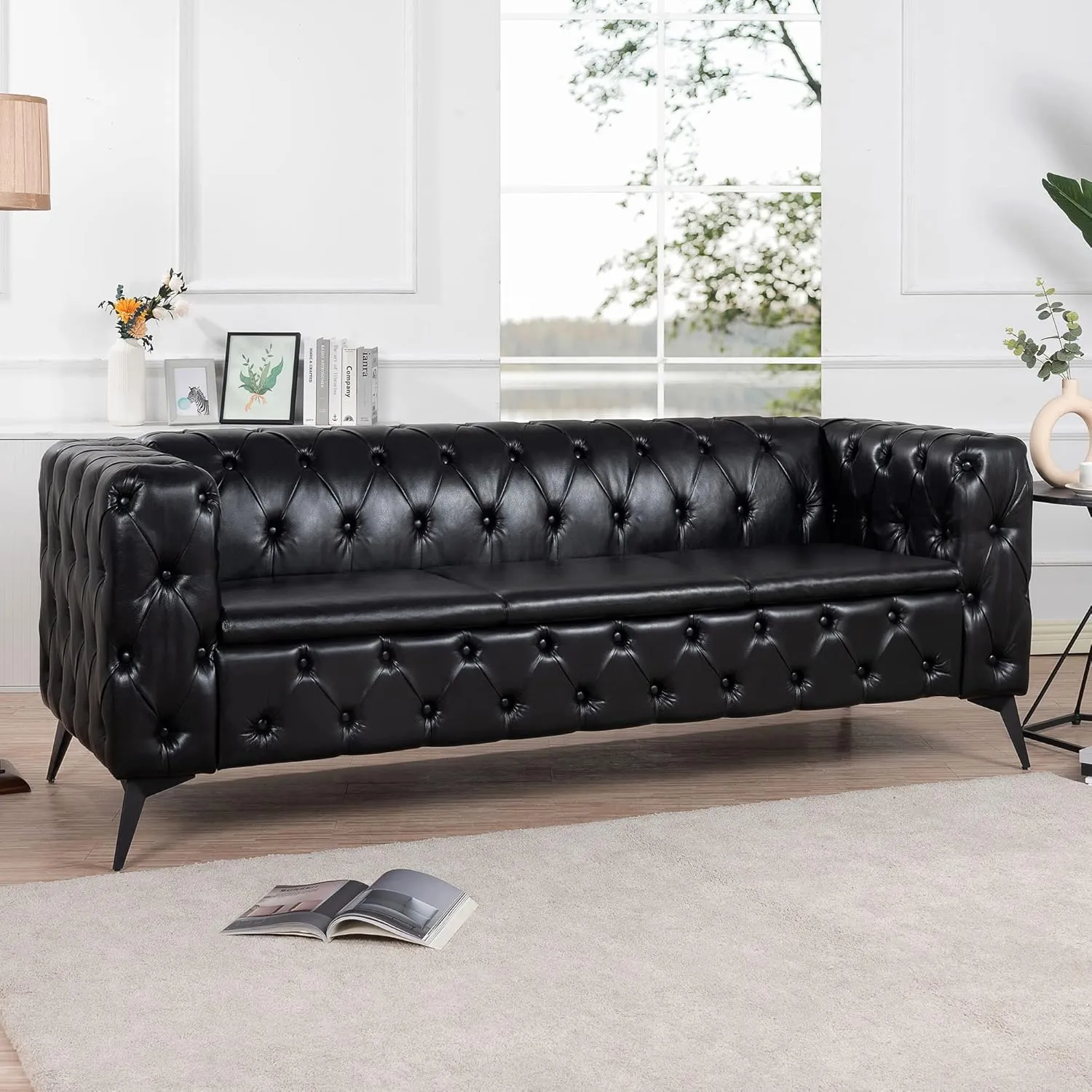 QHITTY Chesterfield Tufted Sofa, Leather Couch Accent Upholstered 3 Seater Button Sofa with Tufted Back for Living Room Bedroom Furniture (Black)…