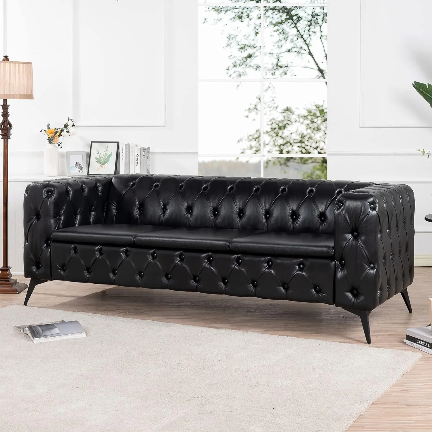 QHITTY Chesterfield Tufted Sofa, Leather Couch Accent Upholstered 3 Seater Button Sofa with Tufted Back for Living Room Bedroom Furniture (Black)…
