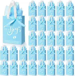 Qilery 50 Sets 8" Baby Boy Gift Bags with Tissue Paper It's a Boy Baby Shower Bag Blue with Handle Paper Gift for Guests Gender Reveal Party Favors