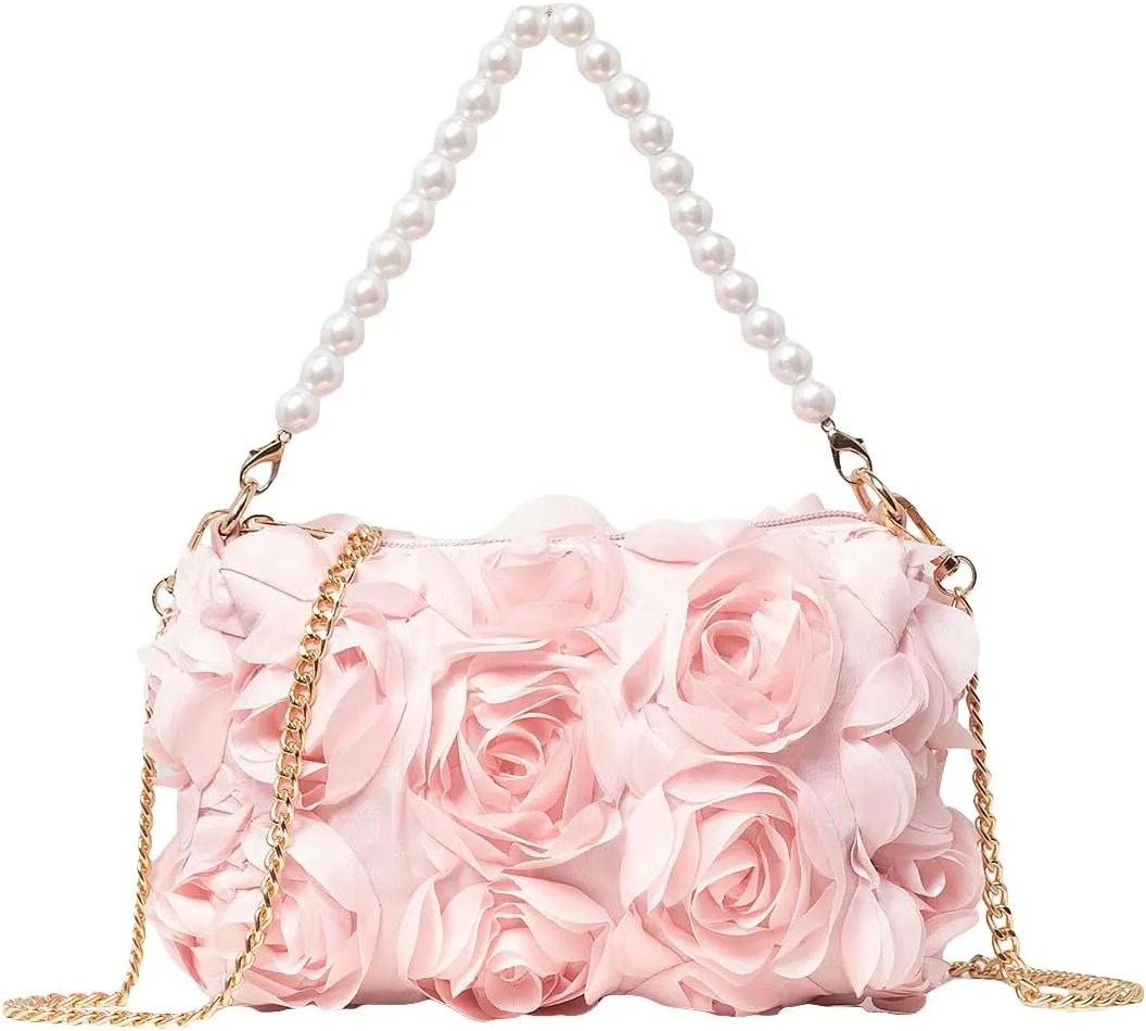 QWINEE Women's Faux Pearl Clutch Bag Flower Shape Small Crossbody Bag Evening Satchel Bag Tote Handbags Prom Bags