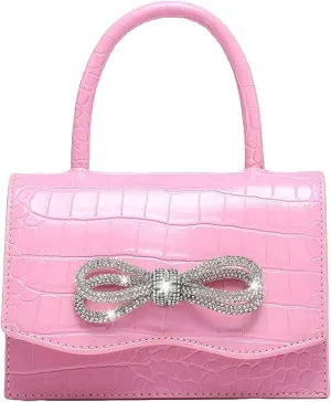 QWINEE Women's Glitter Rhinestone Bow Decor Clutch Purse Prom Bags Sparkle Mini Square Handbags