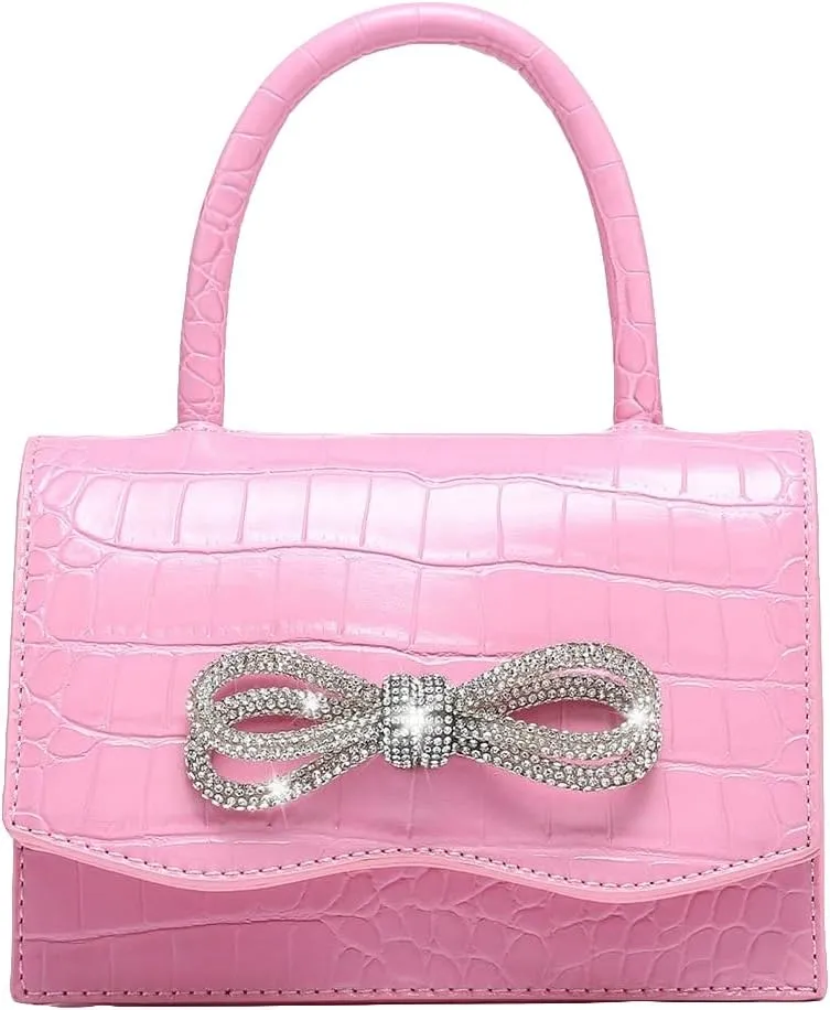 QWINEE Women's Glitter Rhinestone Bow Decor Clutch Purse Prom Bags Sparkle Mini Square Handbags