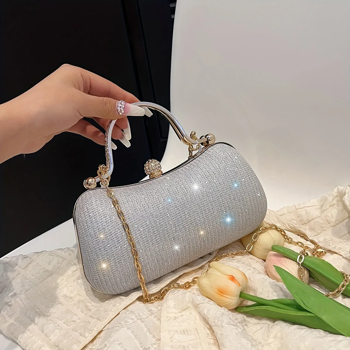 realaiot  Glitter Dinner Bag For Women, Elegant Top Ring Clutch Purse, Small Clip Handbags For Party Prom Wedding
