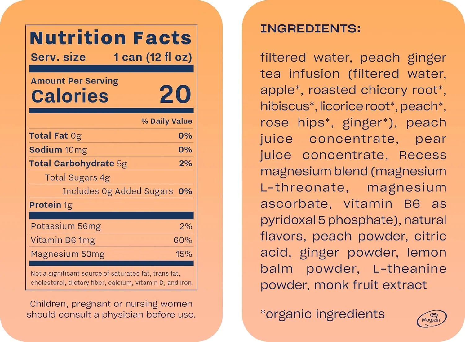 Recess Mood Magnesium & Adaptogen Drink, Relaxation Beverage, 12 ounce (Peach Ginger, 12 pack)