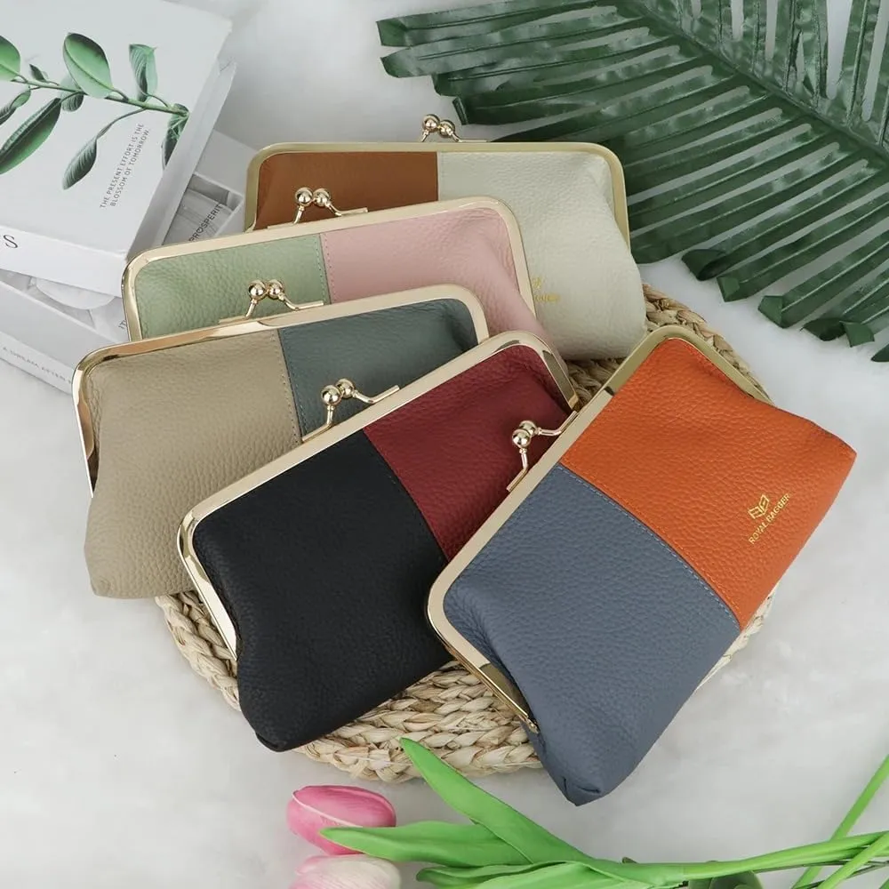 RFID Contrast Clutch Purses for Women, Leather Evening Bag with Kiss Lock, Multi Layer Mobile Phone Wallet