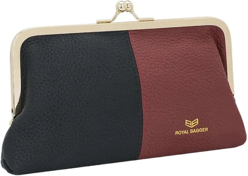 RFID Contrast Clutch Purses for Women, Leather Evening Bag with Kiss Lock, Multi Layer Mobile Phone Wallet