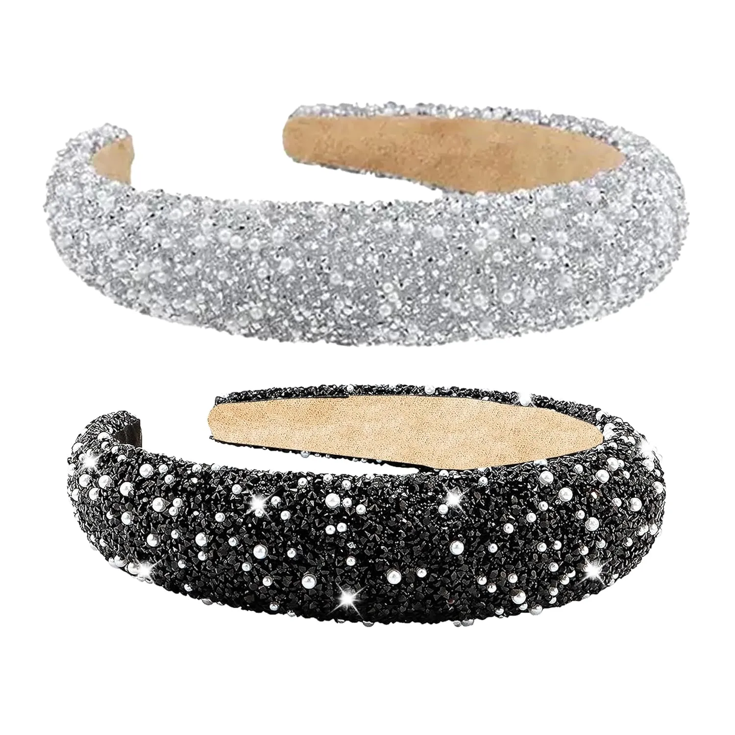 Rhinestone Headbands for Girls – Padded Headband With Beads & Pearls Perfect Fall Accessory in Silver