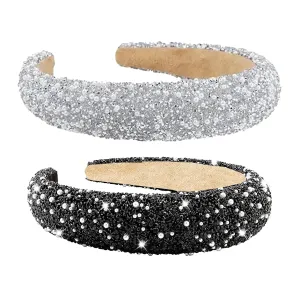 Rhinestone Headbands for Girls – Padded Headband With Beads & Pearls Perfect Fall Accessory in Silver
