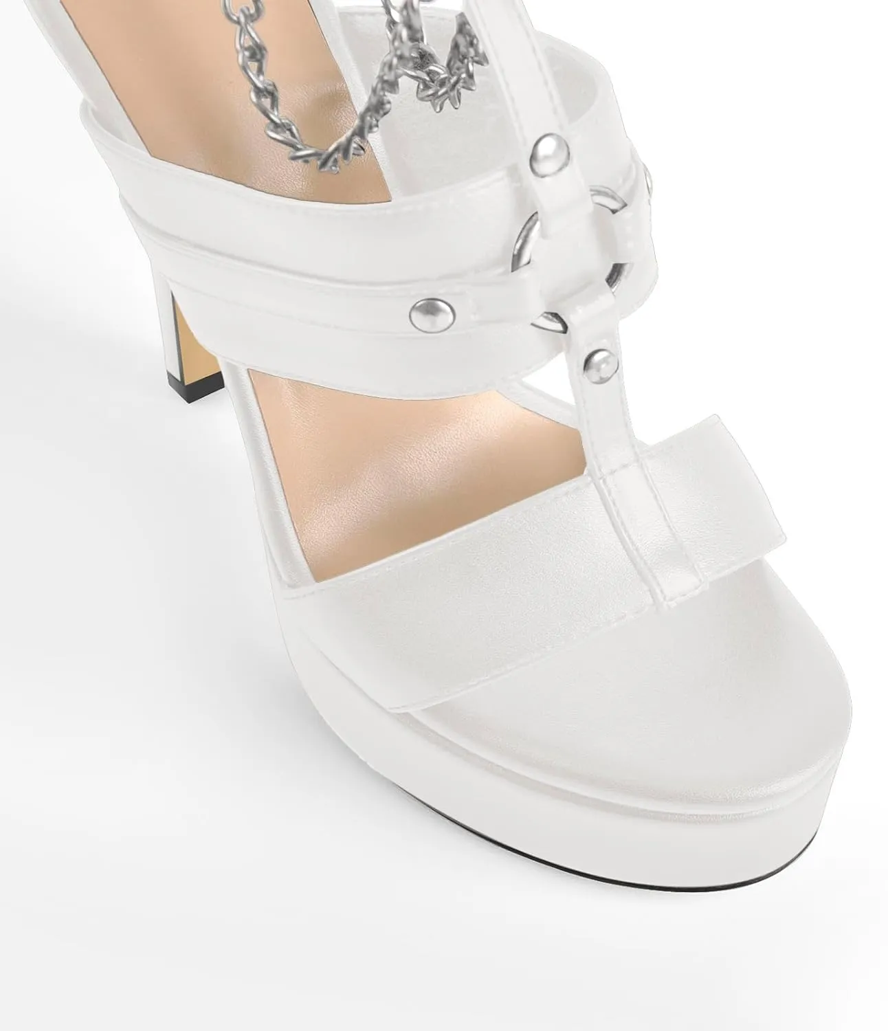 richealnini Ankle Strap Stiletto Heel Strappy Sandals with Chains and Grommets T-strap Studded Rivets Platform Sandals