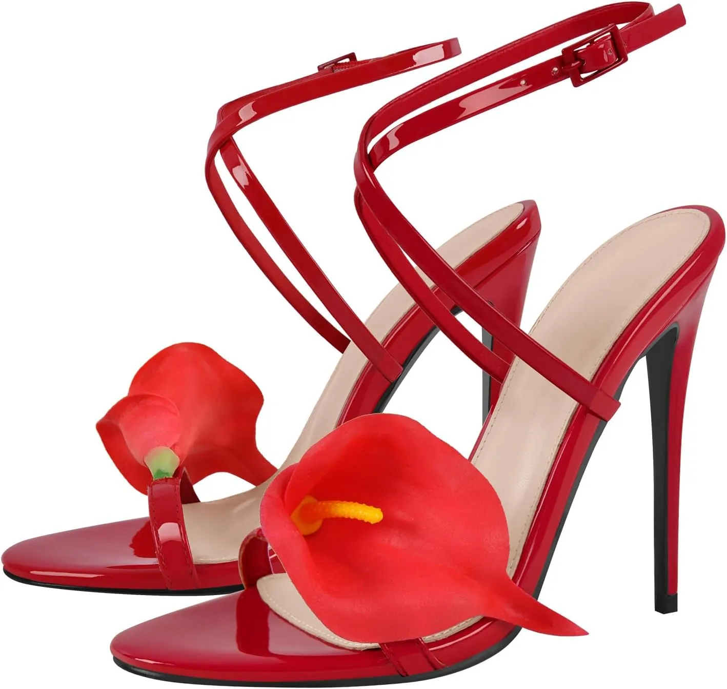 richealnini Calla Lily Flower Heels for Women Ankle Buckle Strap Stilettos