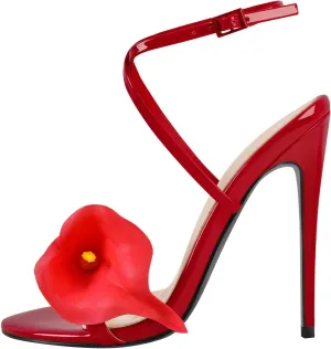 richealnini Calla Lily Flower Heels for Women Ankle Buckle Strap Stilettos