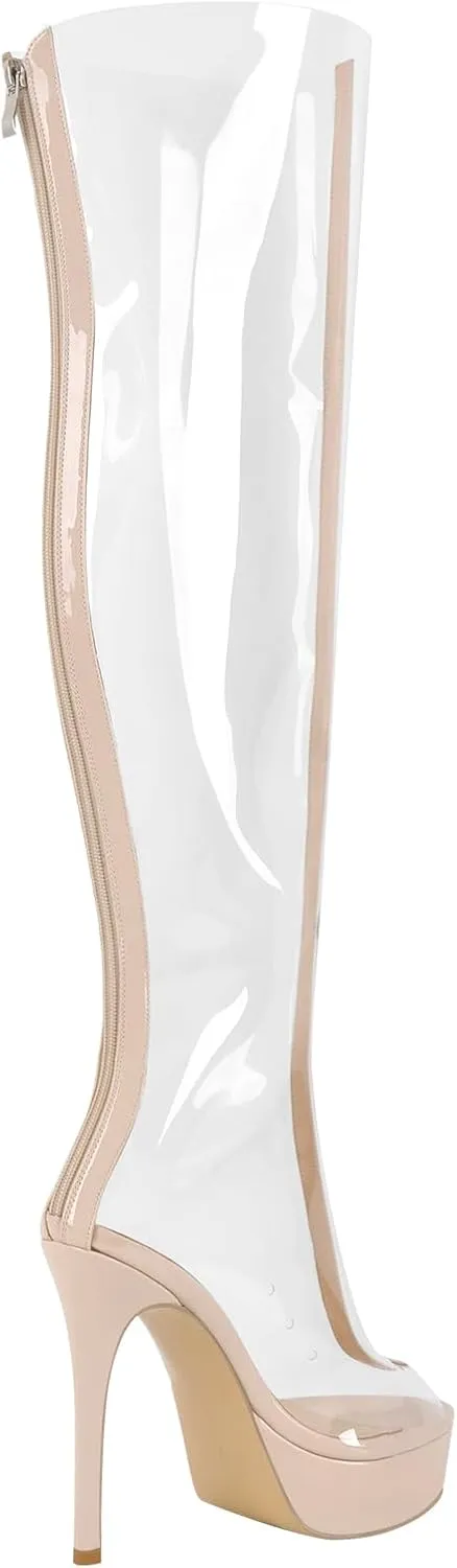 richealnini Clear Heels Peep Toe Platform Stiletto High Heels Sandals Boots with Back Full Zipper