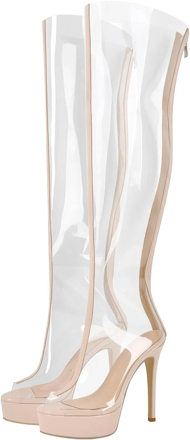 richealnini Clear Heels Peep Toe Platform Stiletto High Heels Sandals Boots with Back Full Zipper