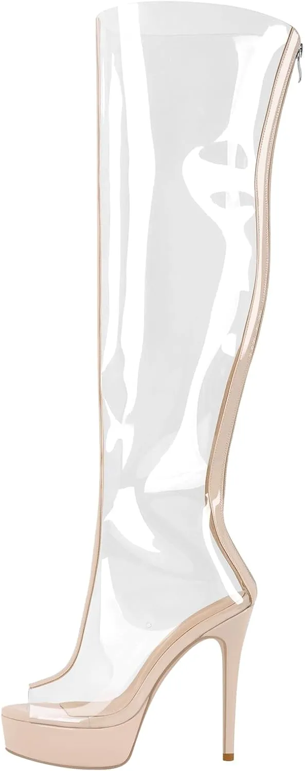 richealnini Clear Heels Peep Toe Platform Stiletto High Heels Sandals Boots with Back Full Zipper