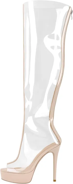 richealnini Clear Heels Peep Toe Platform Stiletto High Heels Sandals Boots with Back Full Zipper