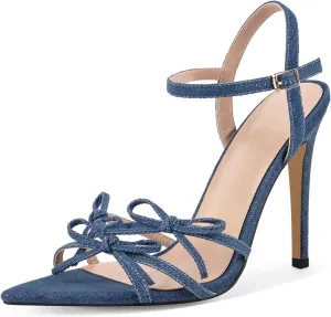 richealnini Denim Blue Bows Heels for Women Ankle Buckle Strap Heeled Sandals Sexy Open Pointed Toe Stilettos Wedding Date Dress Shoes
