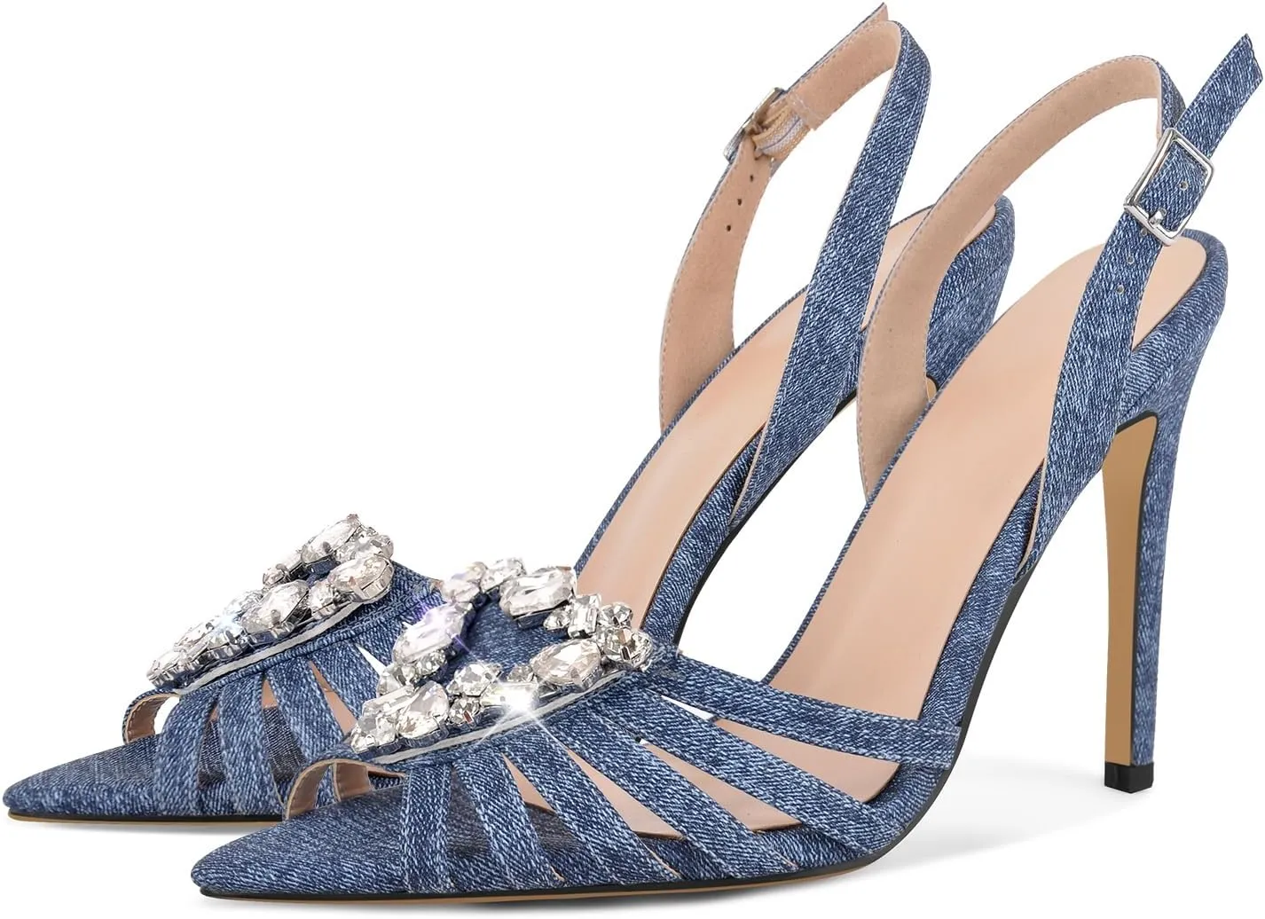 richealnini Denim Blue Bows Heels for Women Ankle Buckle Strap Heeled Sandals Sexy Open Pointed Toe Stilettos Wedding Date Dress Shoes