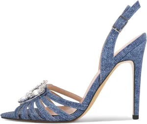 richealnini Denim Blue Bows Heels for Women Ankle Buckle Strap Heeled Sandals Sexy Open Pointed Toe Stilettos Wedding Date Dress Shoes
