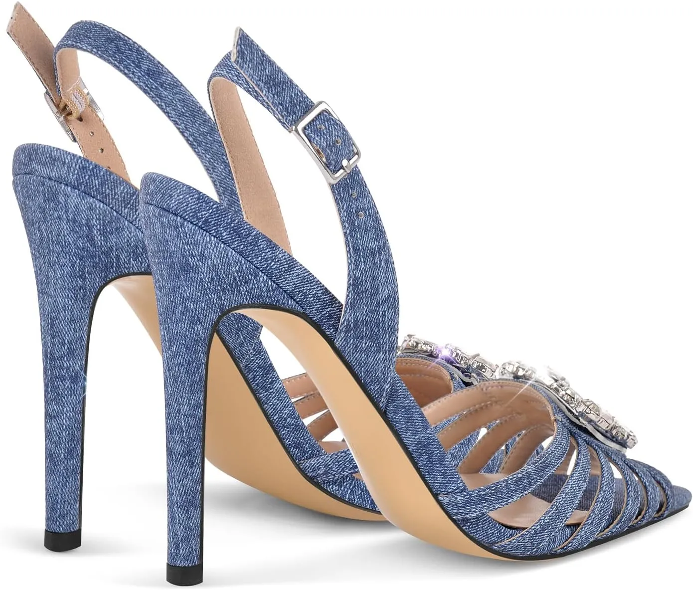 richealnini Denim Blue Bows Heels for Women Ankle Buckle Strap Heeled Sandals Sexy Open Pointed Toe Stilettos Wedding Date Dress Shoes