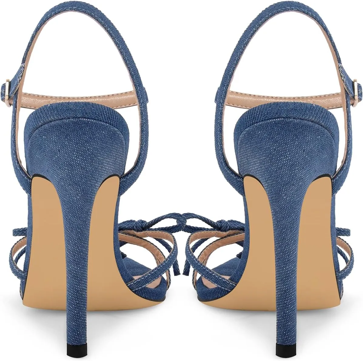 richealnini Denim Blue Bows Heels for Women Ankle Buckle Strap Heeled Sandals Sexy Open Pointed Toe Stilettos Wedding Date Dress Shoes