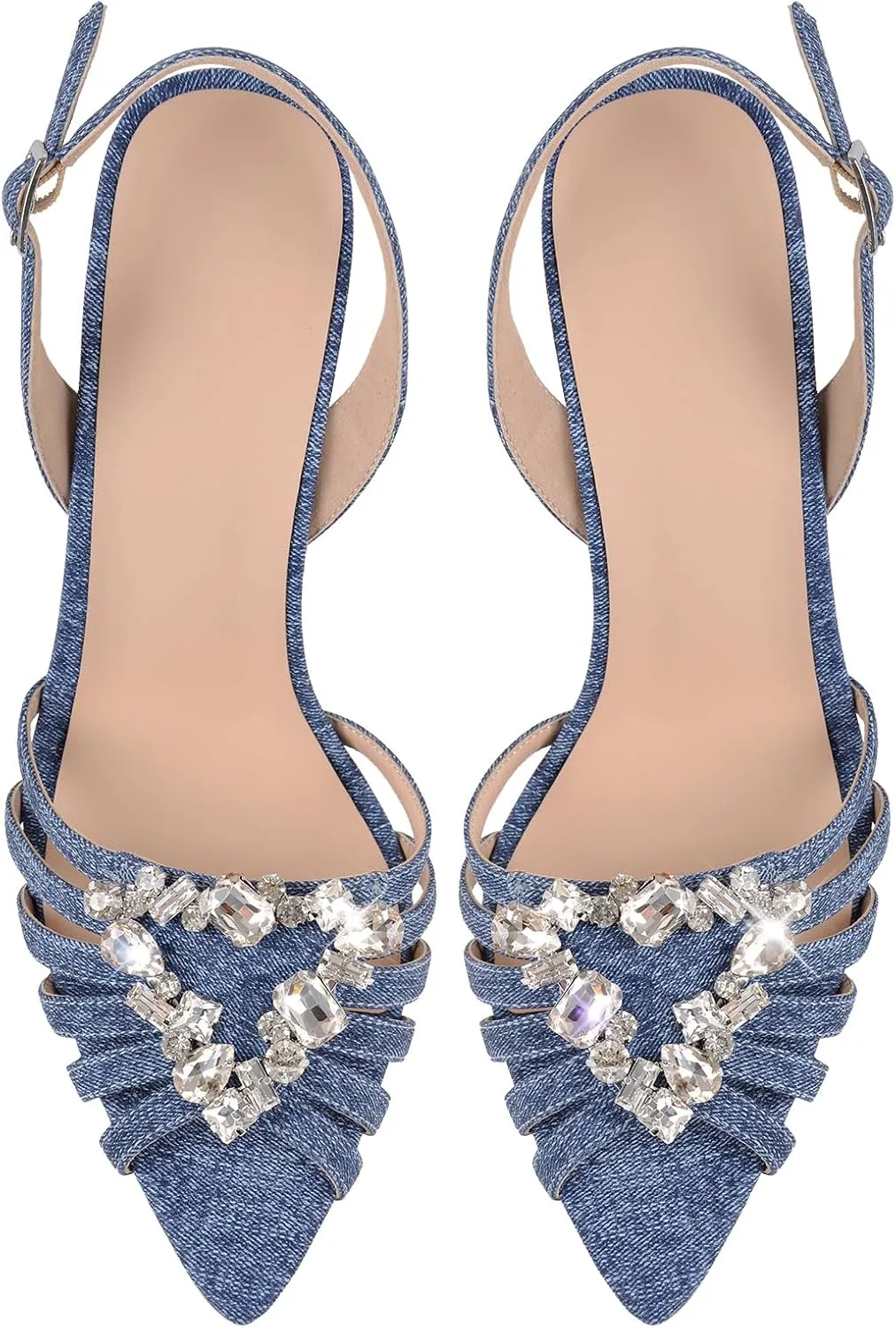 richealnini Denim Blue Bows Heels for Women Ankle Buckle Strap Heeled Sandals Sexy Open Pointed Toe Stilettos Wedding Date Dress Shoes